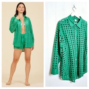 Surf Gypsy Womens M Seafoam Green Eyelet Shirt Shorts Matching Set Resort Wear